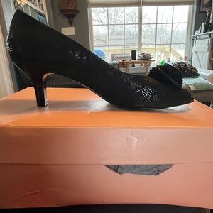 Alex Marie Black Peep-Toe Kitten Heel with Bow Accent